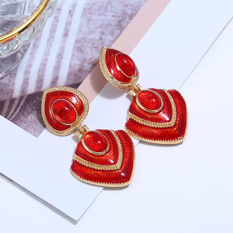 Red Metal Heart Oval Patchwork Geometry Drop Earrings for Women European Exaggerated Party Vintage Earrings Boho Jewelry