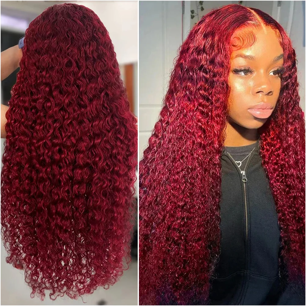 

30 40 дюймов вьющиеся бордовые 13x6 Hd кружевные передние человеческие волосы красные парики для женщин прозрачные кружева 13x4 глубокая волна фронтальный парик 99j 200%