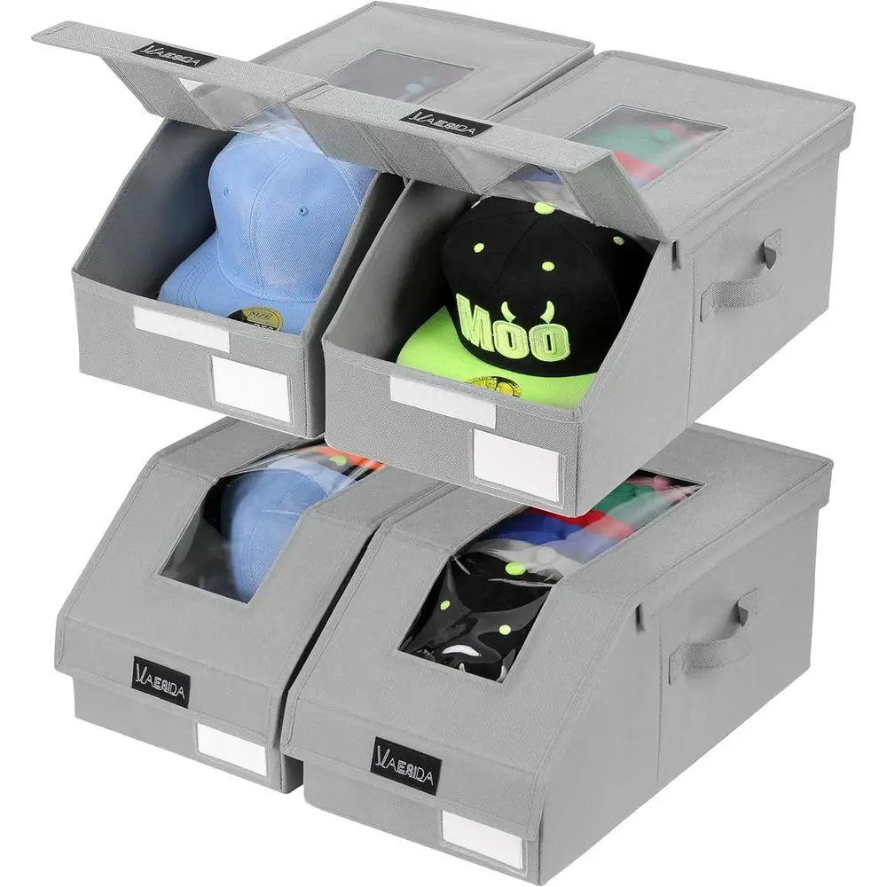 

4-Pack Baseball Cap Storage Boxes, Holds 56 Caps, Clear Lid, Stackable, Foldable, Grey