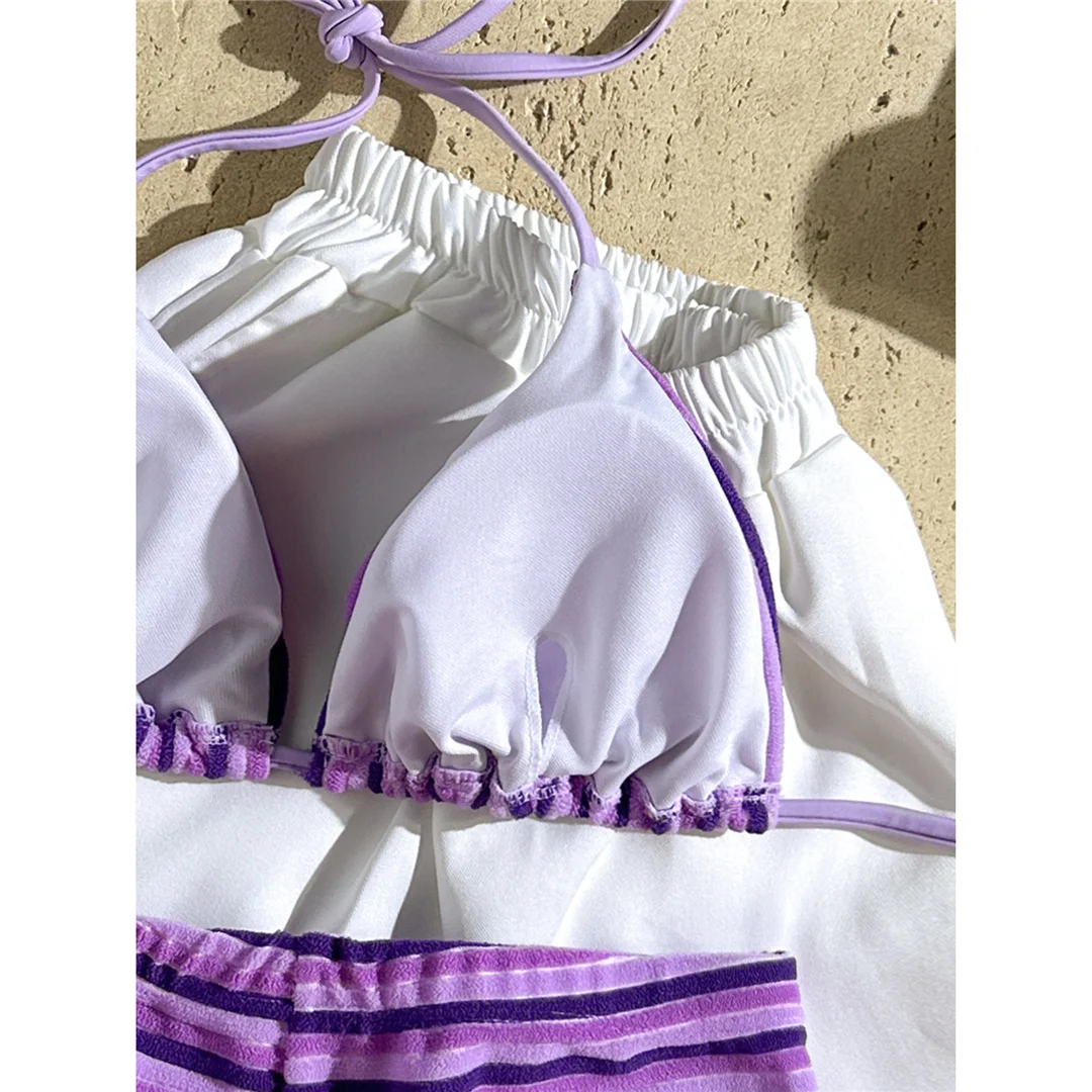 Neuer gestreifter Neckholder-Bikini mit hoher Taille, Damen-Badeanzug, zweiteiliges Bikini-Set mit Shorts, Badebekleidung, Badeanzug, Schwimmanzug V7825 – Detail 38