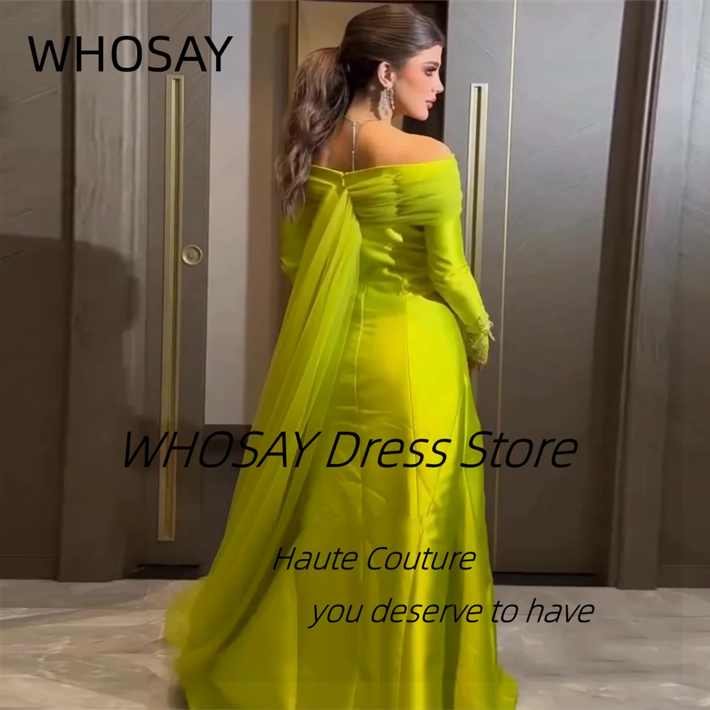 WHOSAY Custom Made Evening Dresses Boat Neck Beaded Long Sleeves Prom Dress with Buttons Front Slit Saudi Arabia Party Gowns