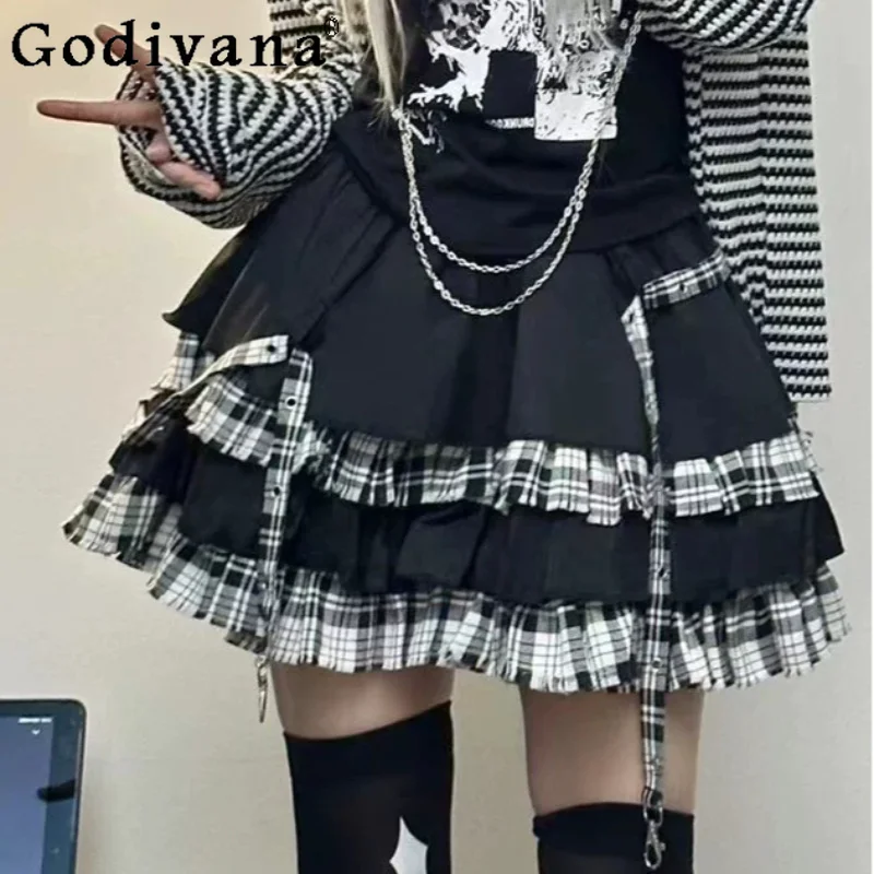 Summer Personalized Gothic Black White Plaid Versatile Short Cake Skirt Fashion A-line Elastic Waist Versatile Punk Party Skirts