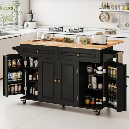 59’’ Rolling Kitchen Island Cart with Drop Leaf and Power Outlet, Movable Kitchen Islands with 3-Tier Door Storage
