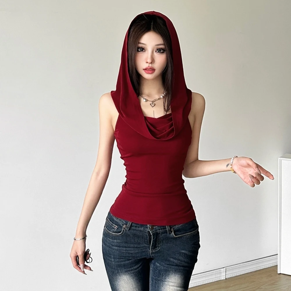 

SylCue повседневные топы на бретелях с капюшоном, женские летние трендовые однотонные обтягивающие индивидуальные топы, универсальный стиль, модные наряды