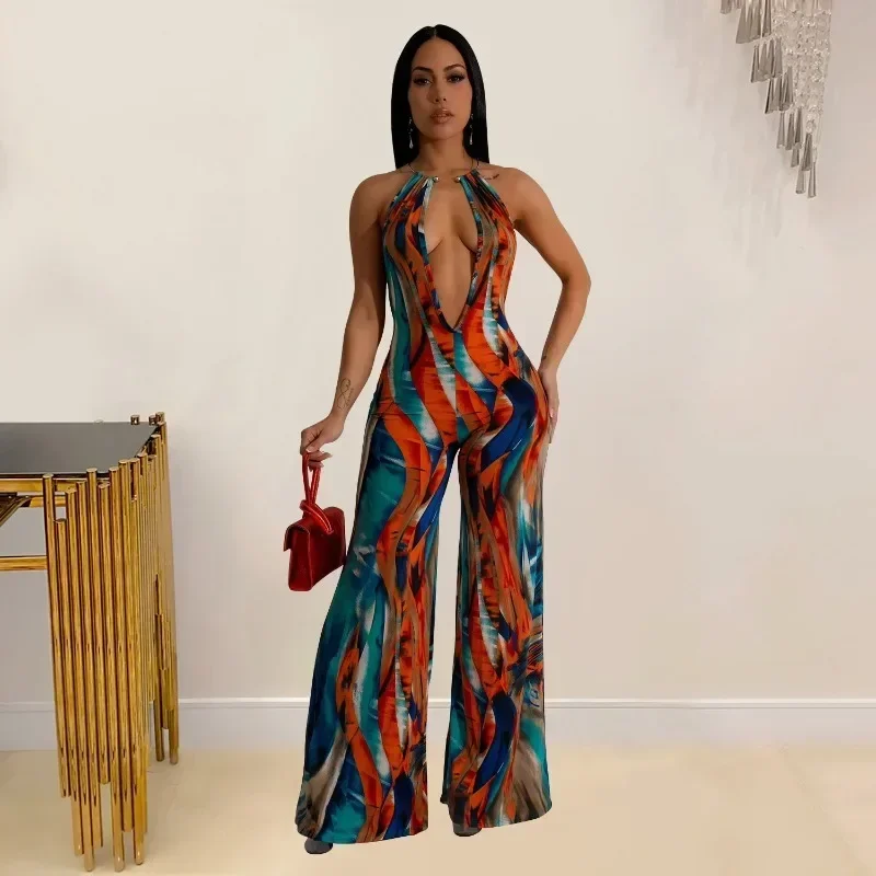 

GUWU Sexy Deep V-neck Printed Jumpsuit Women Elegance Halter Backless Sleeveless Holiday One Pieces Wide Leg Rompers Bohemia