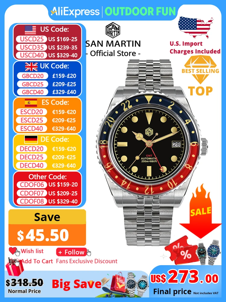 

San Martin NH34 40 мм GMT Роскошный спортивный стиль полностью светящийся двунаправленный сапфировый безель автоматические механические часы 20 бар SN0005