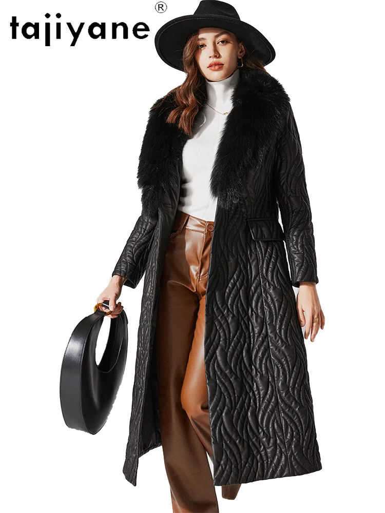 Tajiyane Brand Real Leather Jacket Women 2023 Winter Genuine Sheepskin Cotton Coat Luxury Fox Fur Collar Waisted Long Jackets