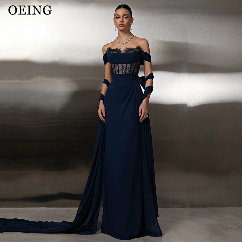 

OEING Simple Navy Blue Mermaid Prom Dresses Off Shoulder Cut-Out Lace Party Gowns Floor Length Cocktail Dresses Customized