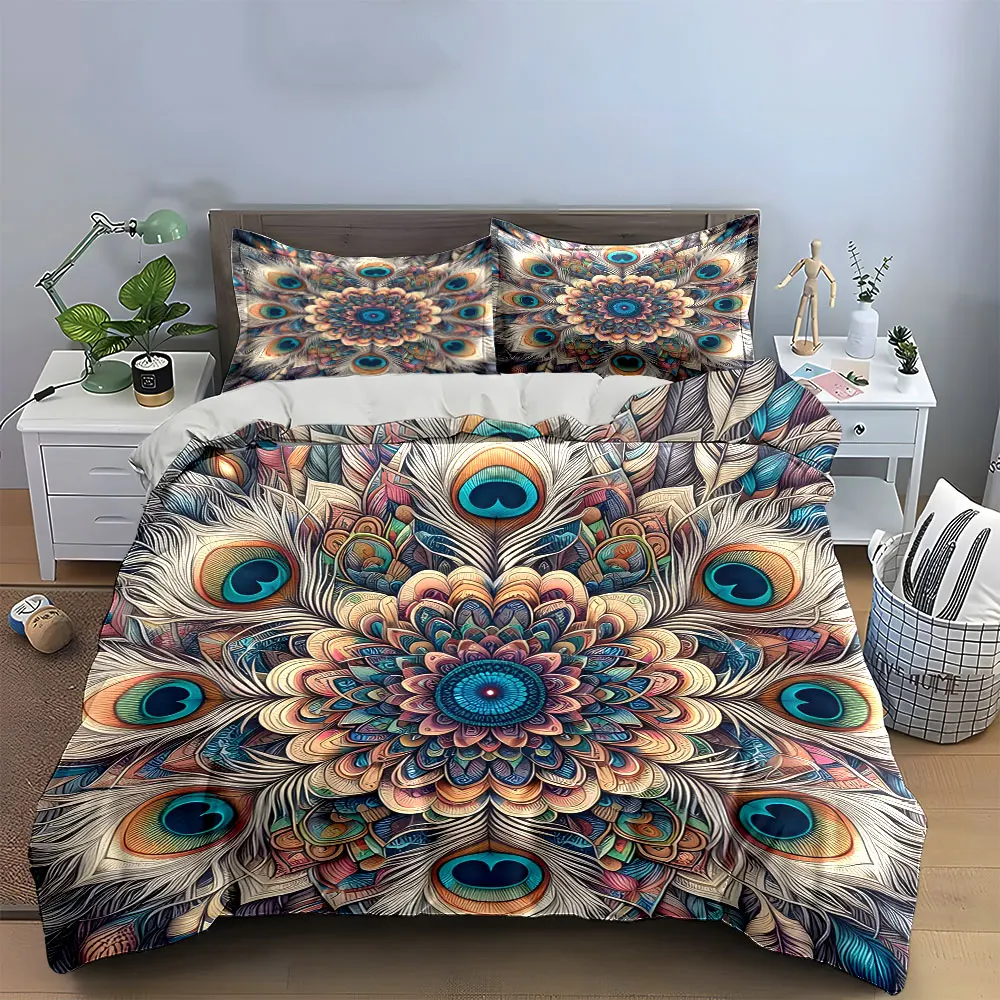 Peacock Feather Pattern Three-Piece Set Multiple sizes kid's and adults' bedroom Exquisite 3PC bedding set, gift