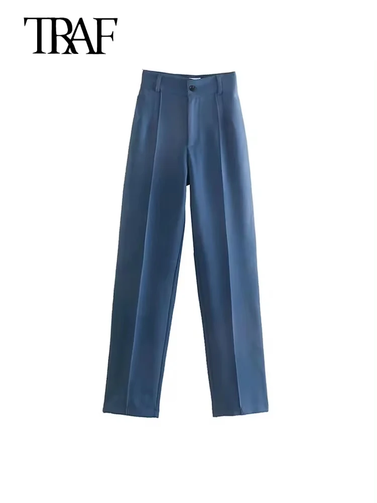 TRAF-pantaloni dritti con cerniera a vita alta da donna, pantaloni femminili, moda Chic, abbigliamento da ufficio, Vintage