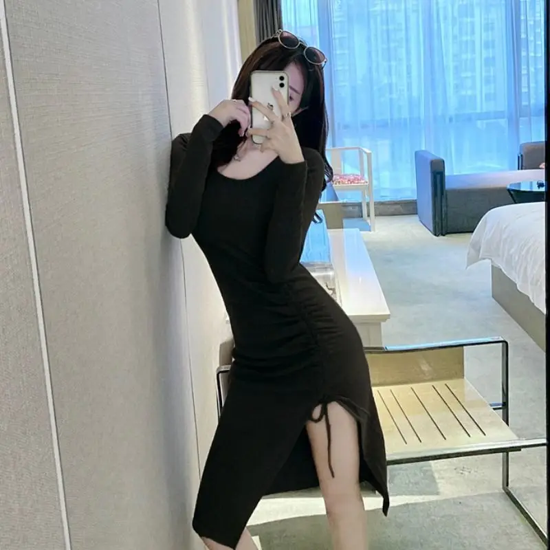 

Women Elegant O-neck Tunic Wear To Work Business Casual Party Stretch Pencil Sheath Dress Club Solid Sexy split Sale