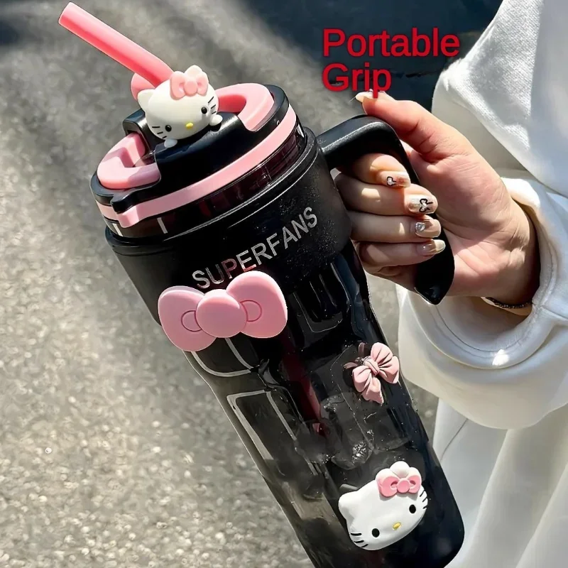 1200ML With Handle Water Bottle MINISO Hello Kitty Gym Large Capacity Straw Water Cup Kuromi My Melody Cartoon Children Cup Gift