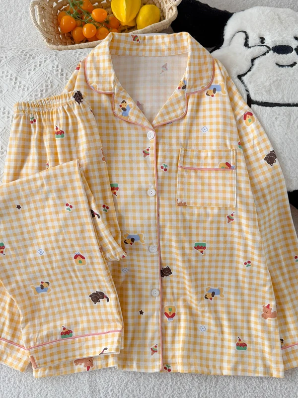New Spring Autumn Plaid INS Style Women's Sleepwear Cute  Dog Cartoon Long Sleeve Long Pants Two-Piece Set Home Clothes