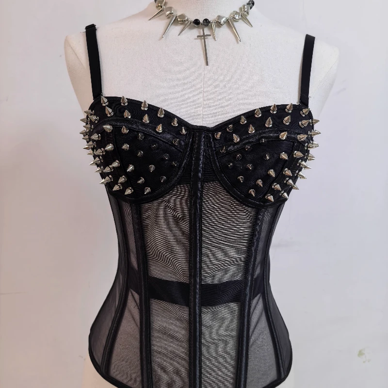 الأوروبية الأمريكية الشرير الظلام Y2K مثير الملابس النسائية التصميم الأصلي الحلو كول شبكة انظر من خلال هيكل السمكة برشام سترة السيدات