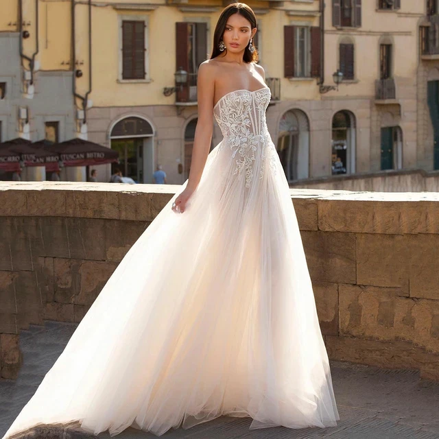 LISER Sexy A-Line Tulle Wedding Dress 2024 Summer Strapless Lace Appliques Bridal Gown Court Train Robe Sleeveless