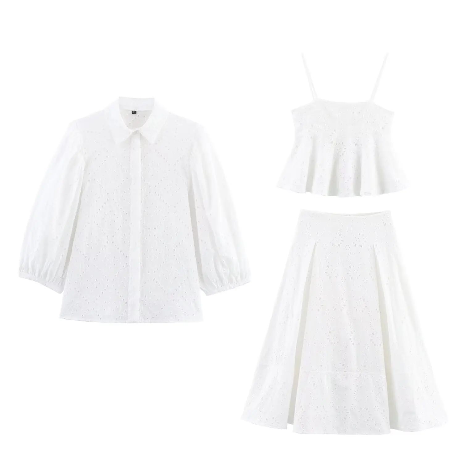 

European and American style 2025 summer new casual three-piece suit hollow embroidered shirt slim camisole with mid-length skirt