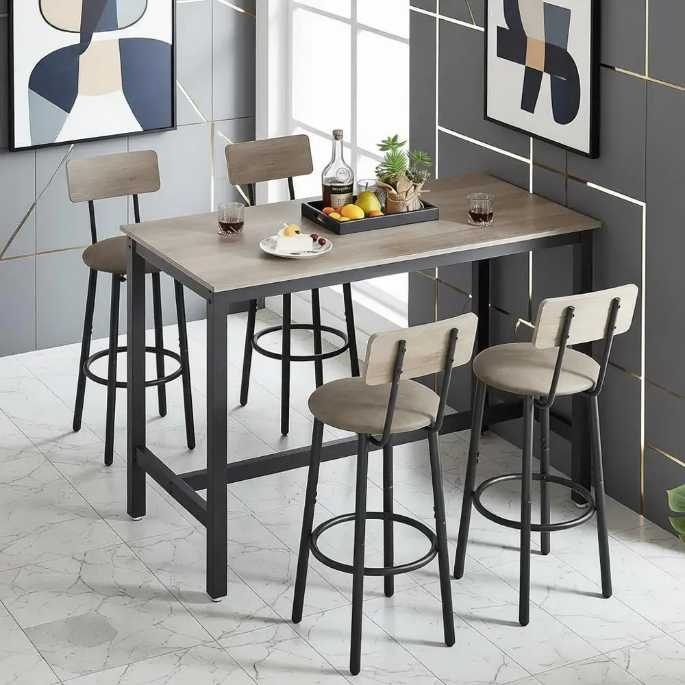 Industrial Style 5-Piece Counter Height Dining Set with 4 PU Stool Chairs, Grey