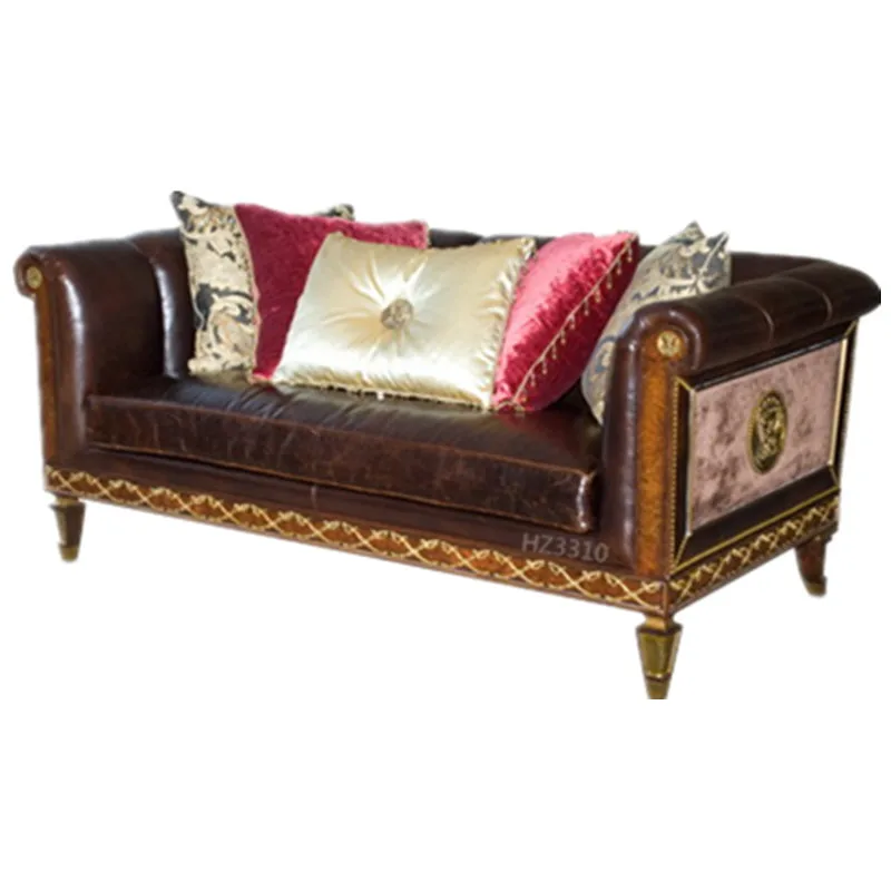 European solid wood leather double sofa, furniture first layer cowhide villa living room sofa