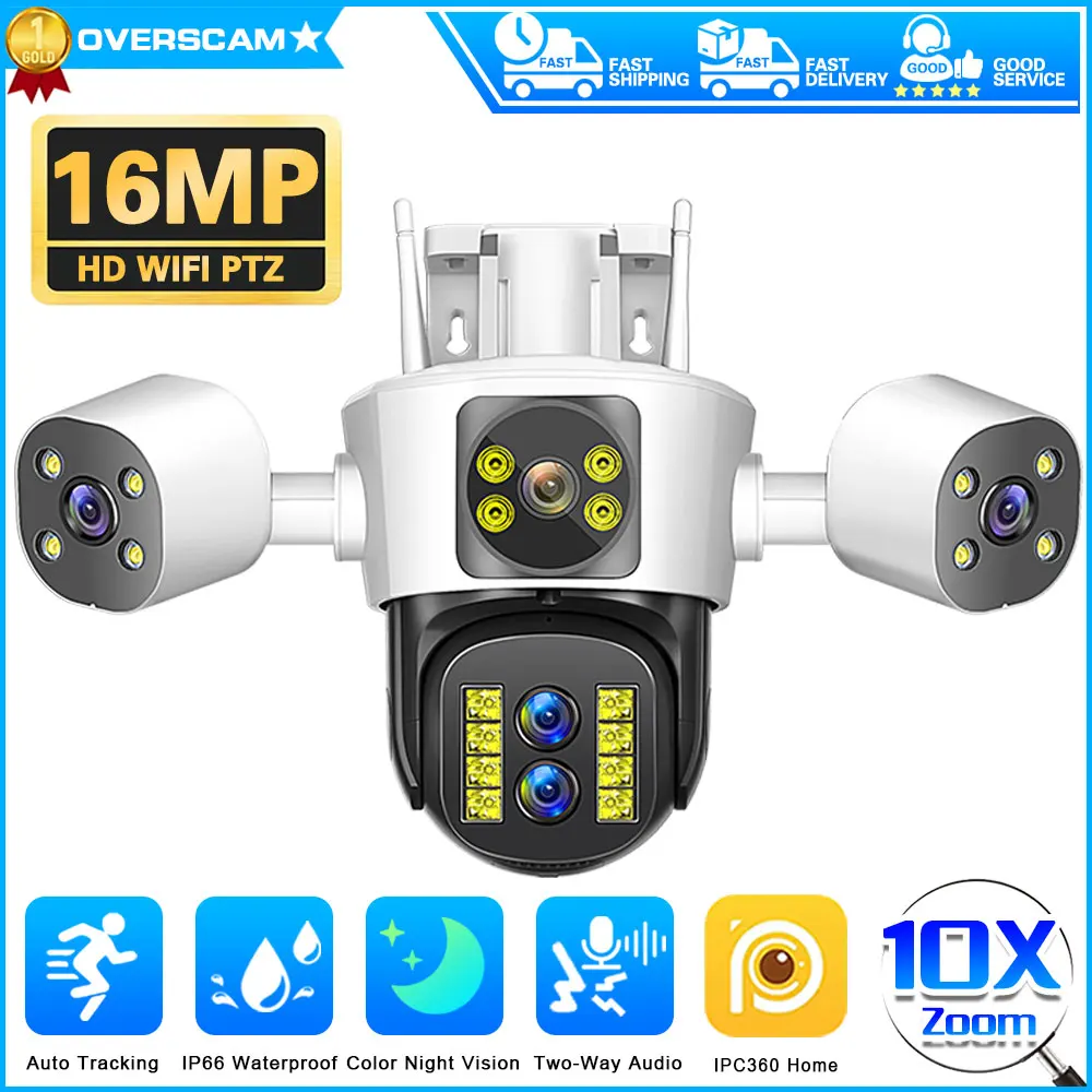 

8K 16MP WiFi Camera Outdoor Four Lens Three Screen 10X PTZ Zoom CCTV Security-Protection Ai Tracking Surveillance IPC360 App