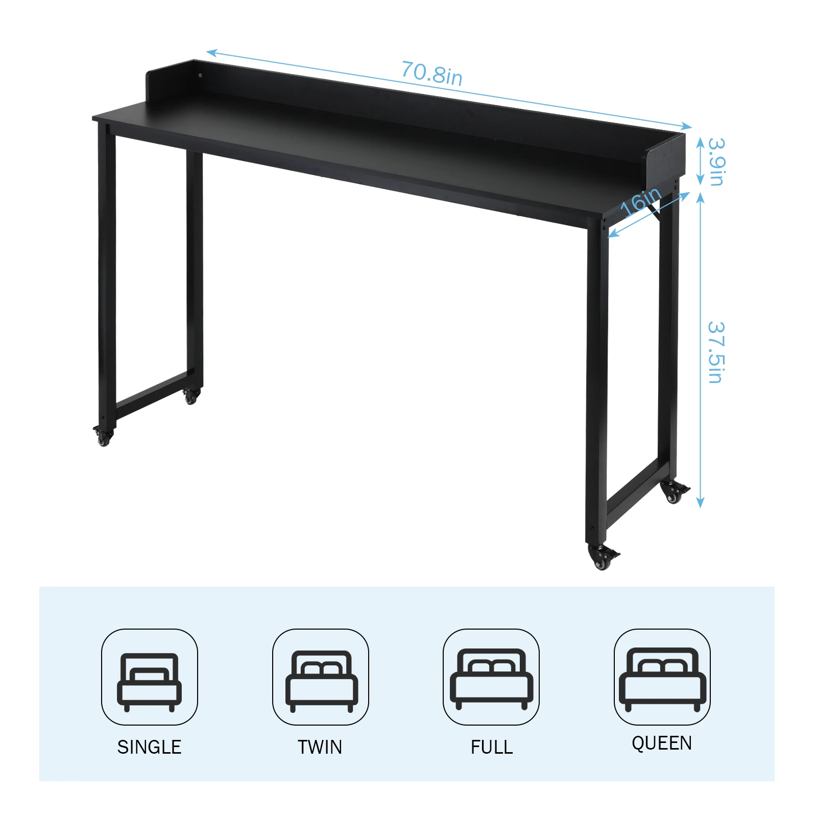 Homfa 70.8'' Overbed Table with Wheels for Full/Queen Size Bed Frame, Mobile Computer Desk Standing Workstation Laptop Cart
