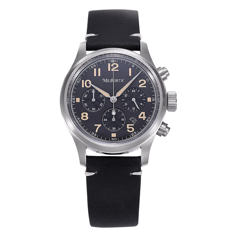 Milifortic 39MM Herren Solar Chronograph M069 Saphirglas VS75 Edelstahlgehäuse Militärstil Quarz-Armbanduhren