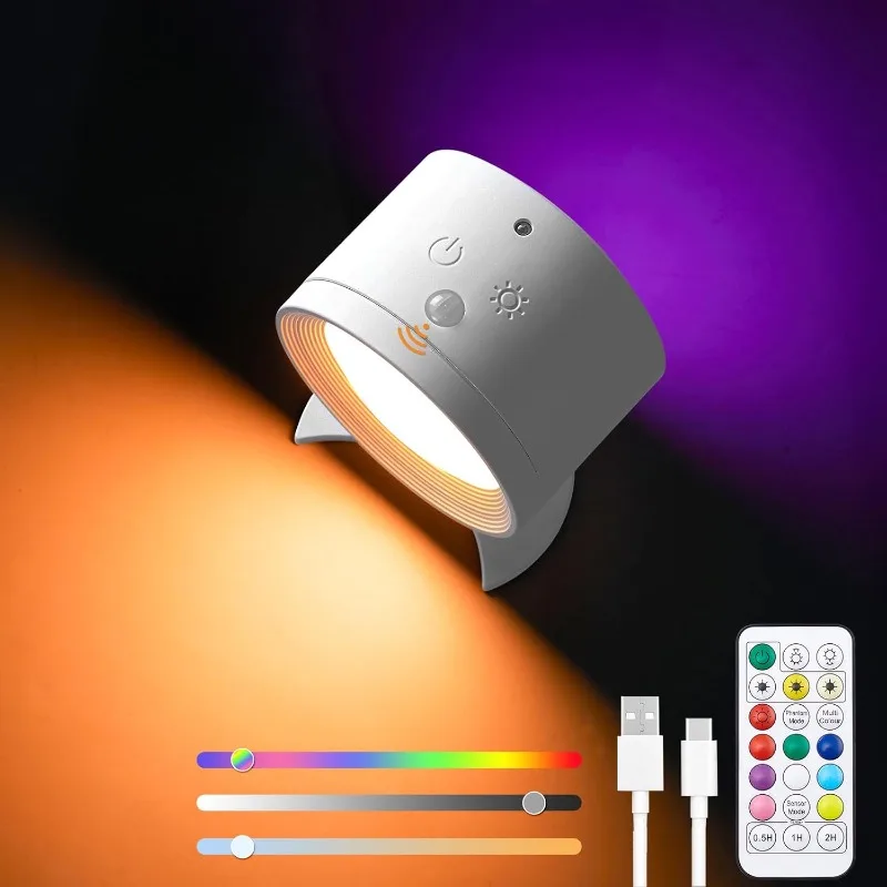 Cordless Led Wall Lamp Rechargeable Night Light with Remote Control Double Sides Lighting Rotatable Dimmable Bedroom RGB Lamp