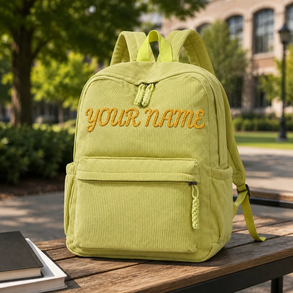 Custom Chenille Rope Embroidered Corduroy Backpack, Personalized Name School Backpack Large Capacity Casual Travel Daypack Gift