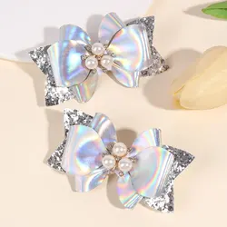 2pcs PU Leather Bows Hair Clip Girls Glitter Bowknot Hairpins Barrettes Boutique Hairgrips Pearl Headwear Hair Accessories