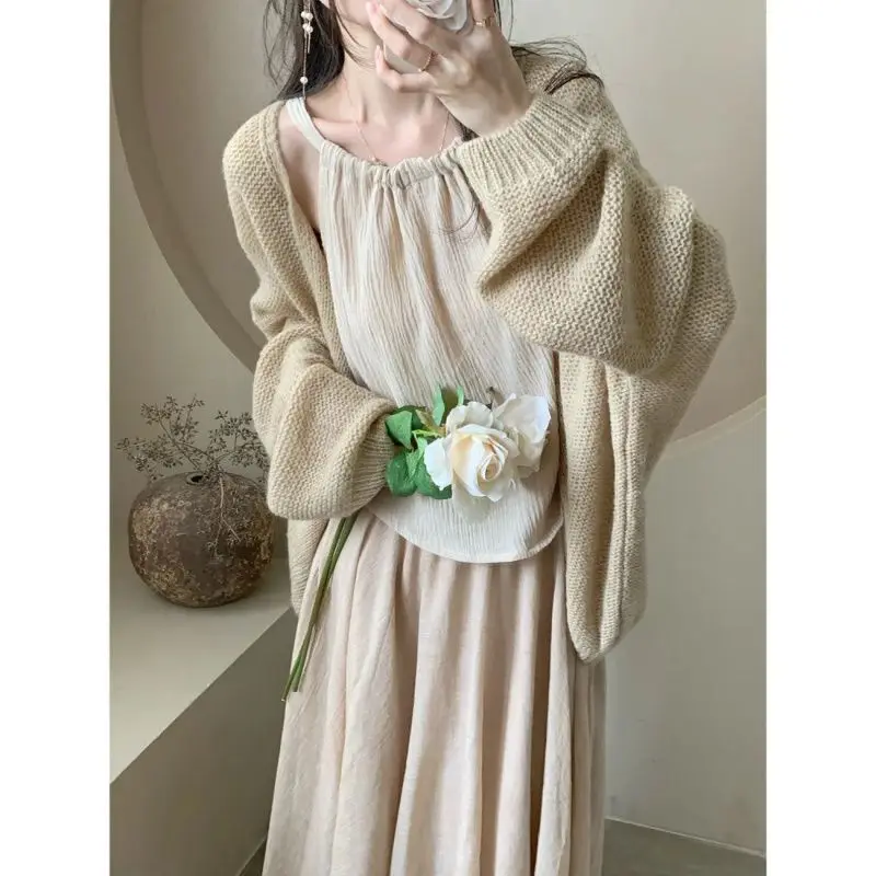 Pure Desire Wind Set Women's Spring 2024 New Sweater Cardigan+Neck Hanging Tank Top+Half Length Long Dress Three Piece Set Dress