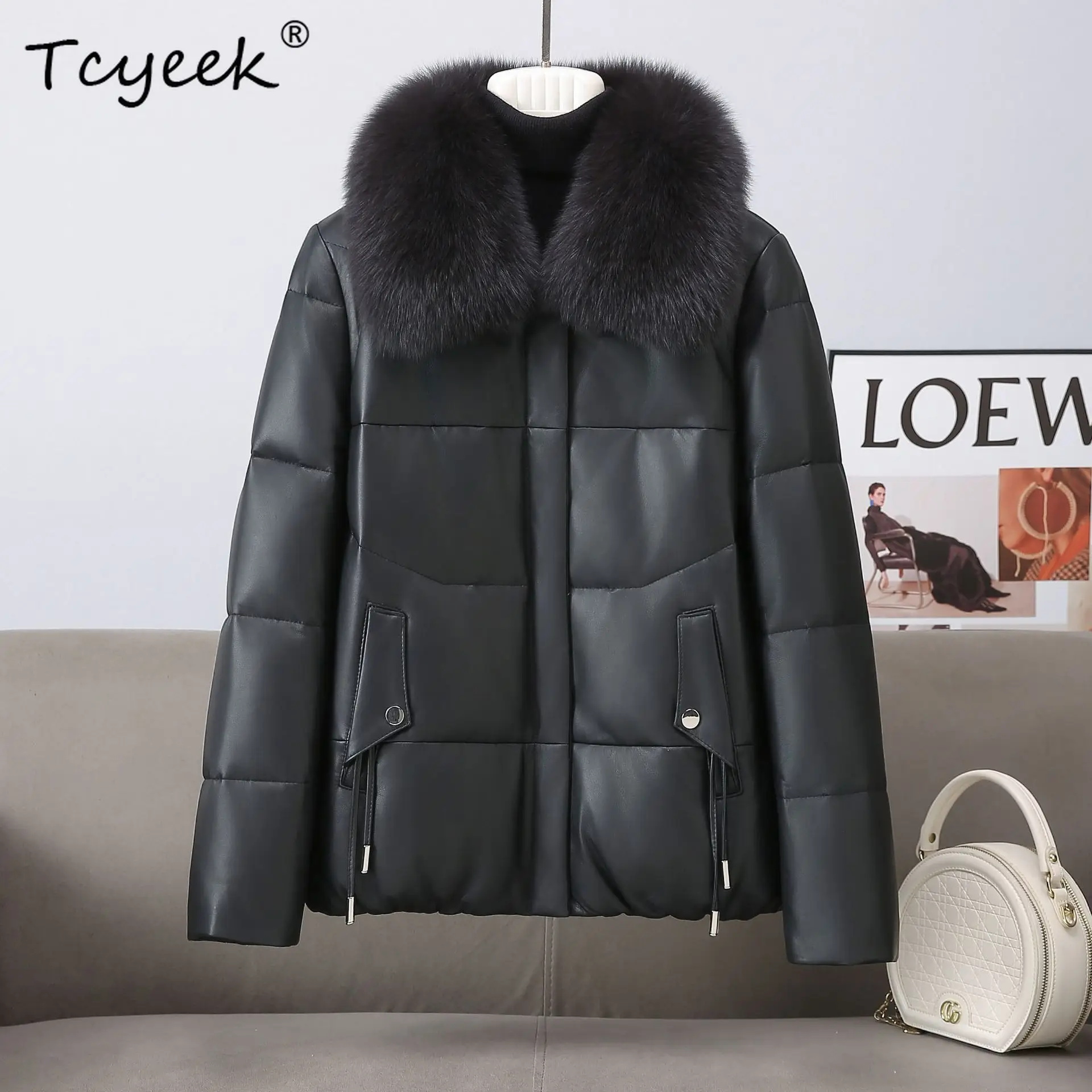 Tcyeek جلد طبيعي أسفل سترة النساء الملابس الشتوية معطف جلد الغنم الحقيقي امرأة أوزة أسفل معاطف الثعلب الفراء طوق جديد في معاطف