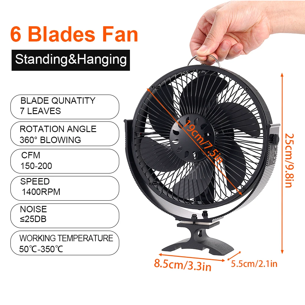 6 Blade Stove Fan Wall-mounted Standing 2-in-1 Heat Powered Fireplace Fan heat shield Log Eco-fan Home Warm Heat Distribution