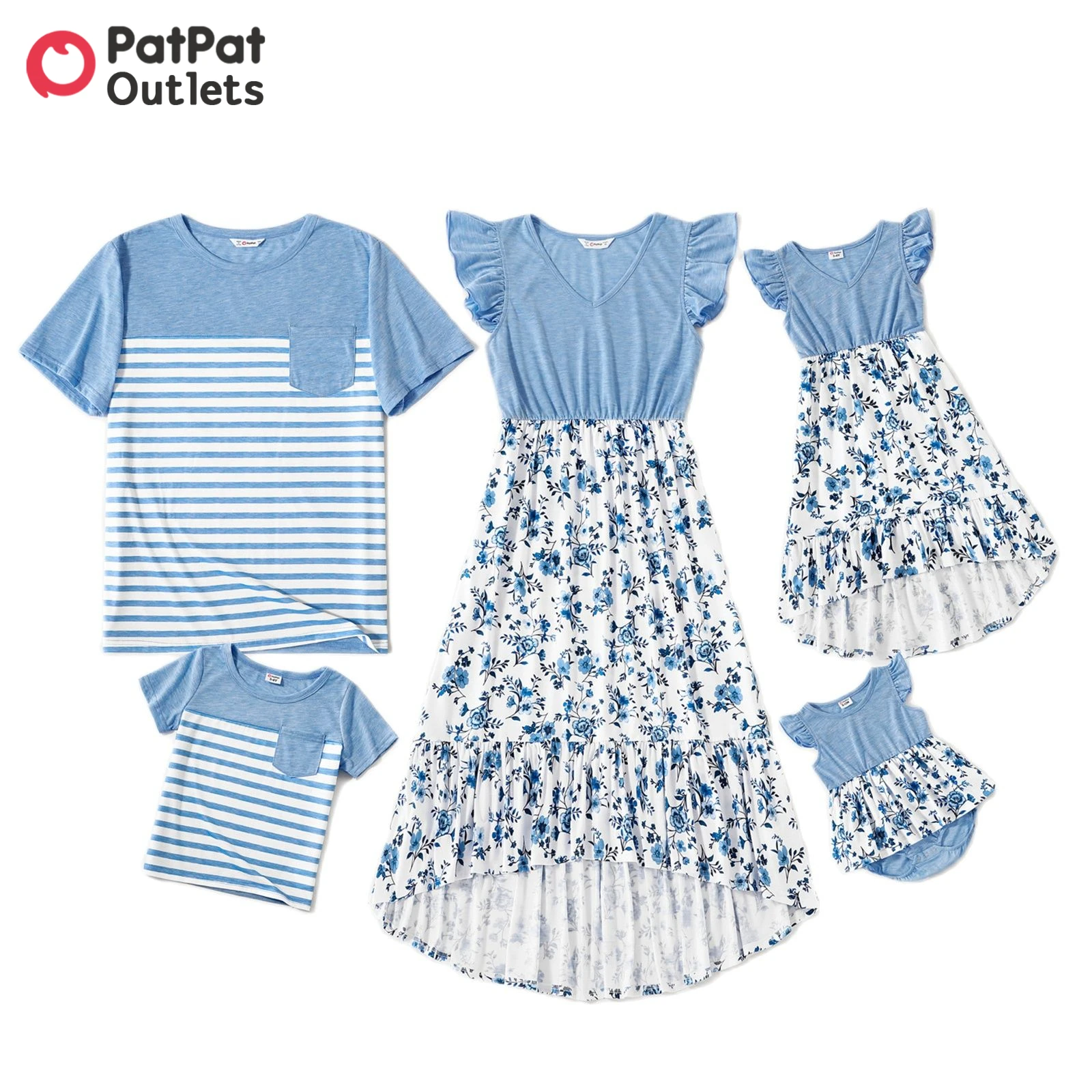 

PatPat Family Matching Light Blue V Neck Flutter-sleeve Splicing Floral Print Irregular Hem Dresses T-shirts Sets Summer Woman