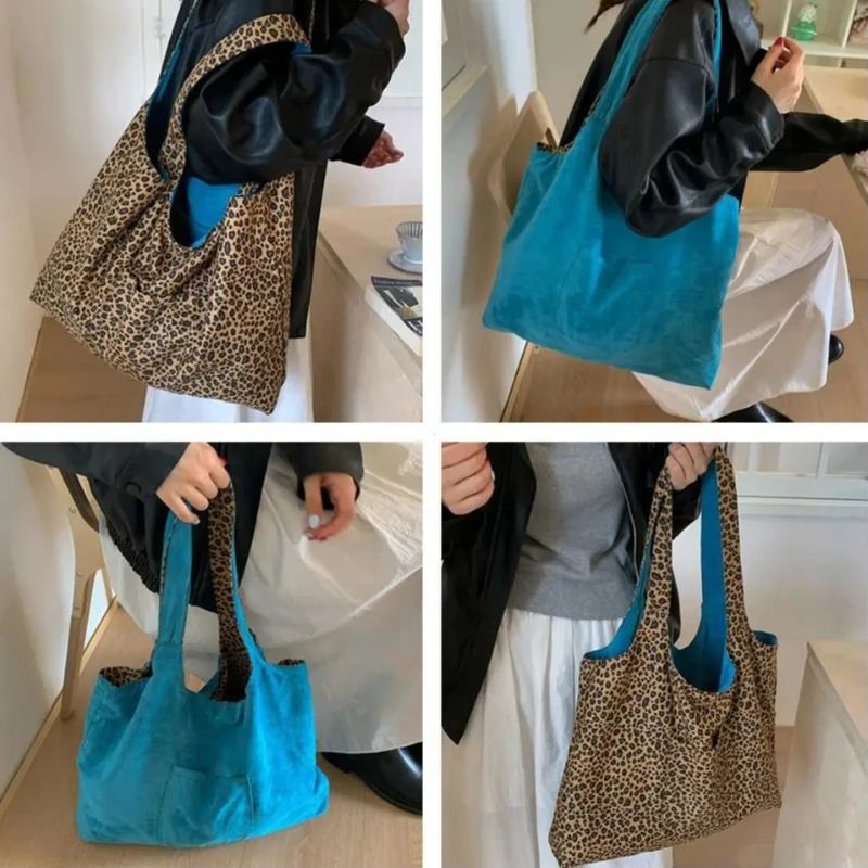 

Leopard Print Vest Shoulder Bag for Women Double-sided Female Retro Suede Tote Purse Fall Winter Ladies Contrast Color Handbags