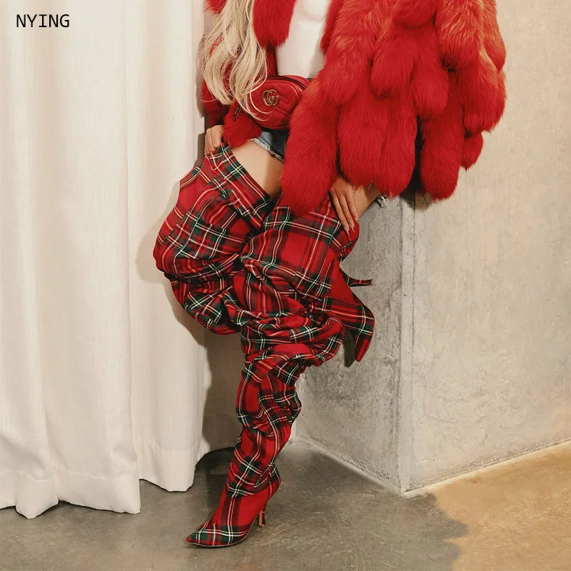 

New Grid Color Fashion Party Casual Stage Boots Autumn Plaid Over Knee Sexy Women's Boots Pointed Model Catwalk Stilettos 44