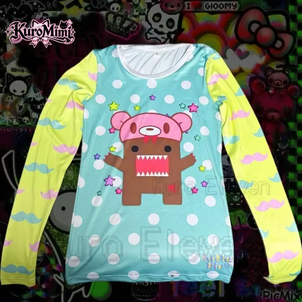 Y2K Harajuku Subculture 2000s Fashion Women Cartoon Monster Polka Dot Star Print Long Sleeve Slim Fit Casual Streetwear Outfit