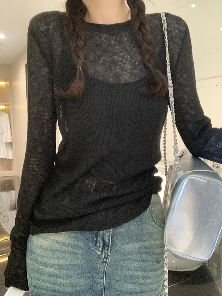 Sexy Knit See-through Women T shirt Tops Solid Long Sleeve O Neck Loose Tshirts Female Casual Streetwear Base Solid Tees