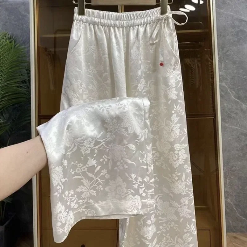 

Chinese Style Jacquard Trousers 2025 New High-waisted Tie Elastic Wide Pantalones Women's Loose Drape Narrow Straight Leg Slacks