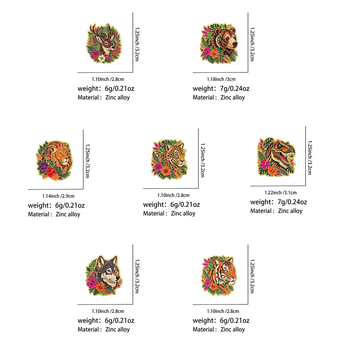 7-teiliges Set Blumen- und Wildtier-Emaille-Pins Löwe Tiger Dinosaurier Wolf Brosche für Kleidung, Aktentasche, Abzeichen, Rucksack, Geschenk für Freunde – Detail 1