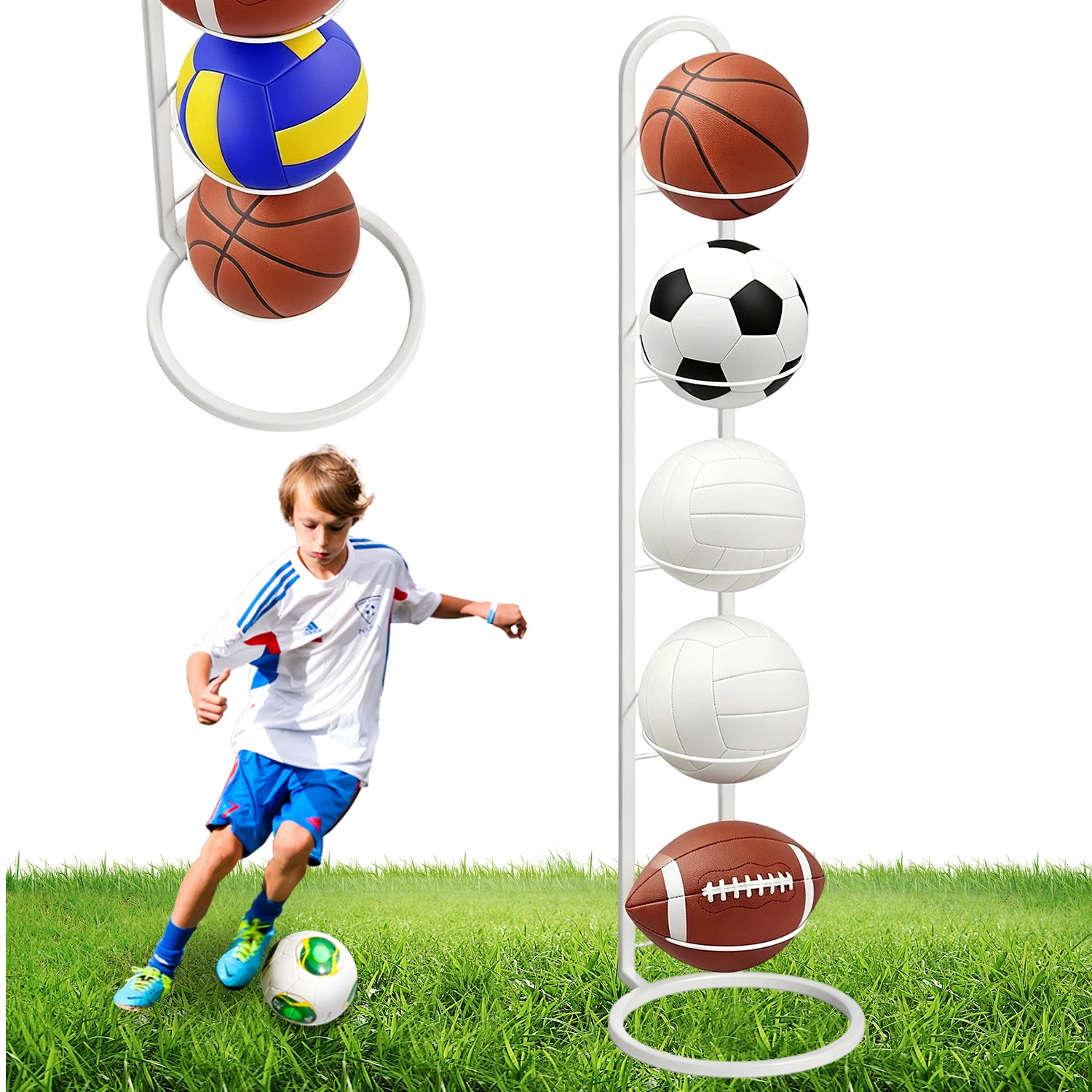 Support de rangement multifonctionnel en acier au carbone pour ballons, présentoir universel pour basketball, football, volleyball, bowling, rugby, organisateur sportif portable pour la maison