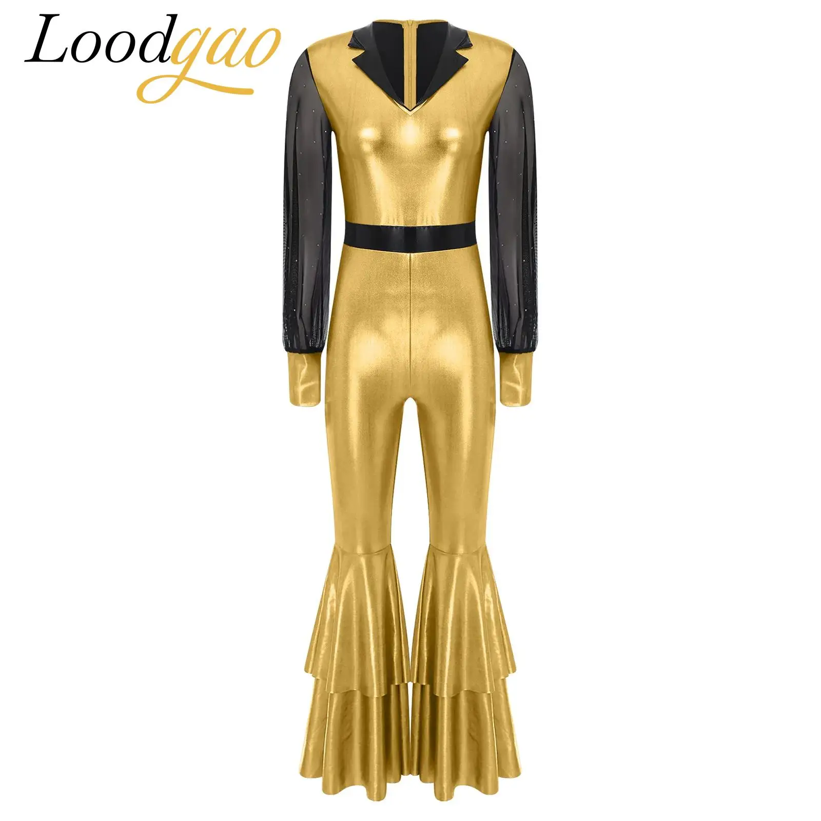 ثوب فضفاض نسائي لامع متوهج طبقات جرس سفلي 70s 80s ديسكو رقص معدني بذلة طويلة متوهج السراويل هالوين زي Dancewear