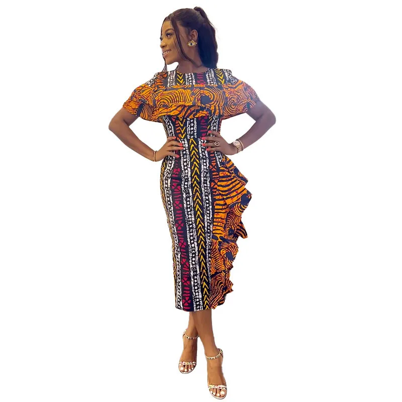 

Elegant Printed Women Pencil Dress Fashionable Ruffles Short Sleeves Round Collar Sexy Ladies Party Dressses 2025 Summer Holiday