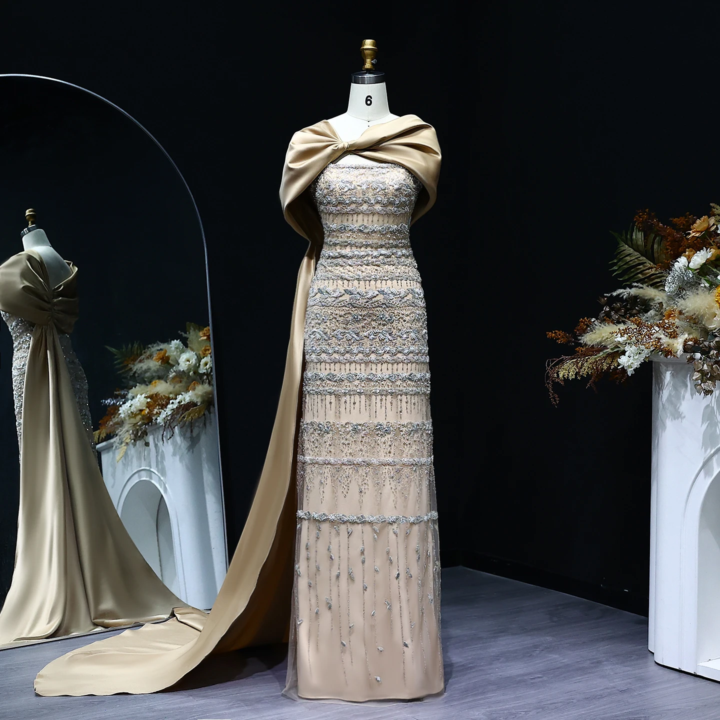 Sharon Said Arabisches Salbeigrünes Luxus-Abendkleid aus Dubai mit Cape, Champagner, 2026, Damen-Hochzeitskleider, SS238B, Maßanfertigung – Detail 10