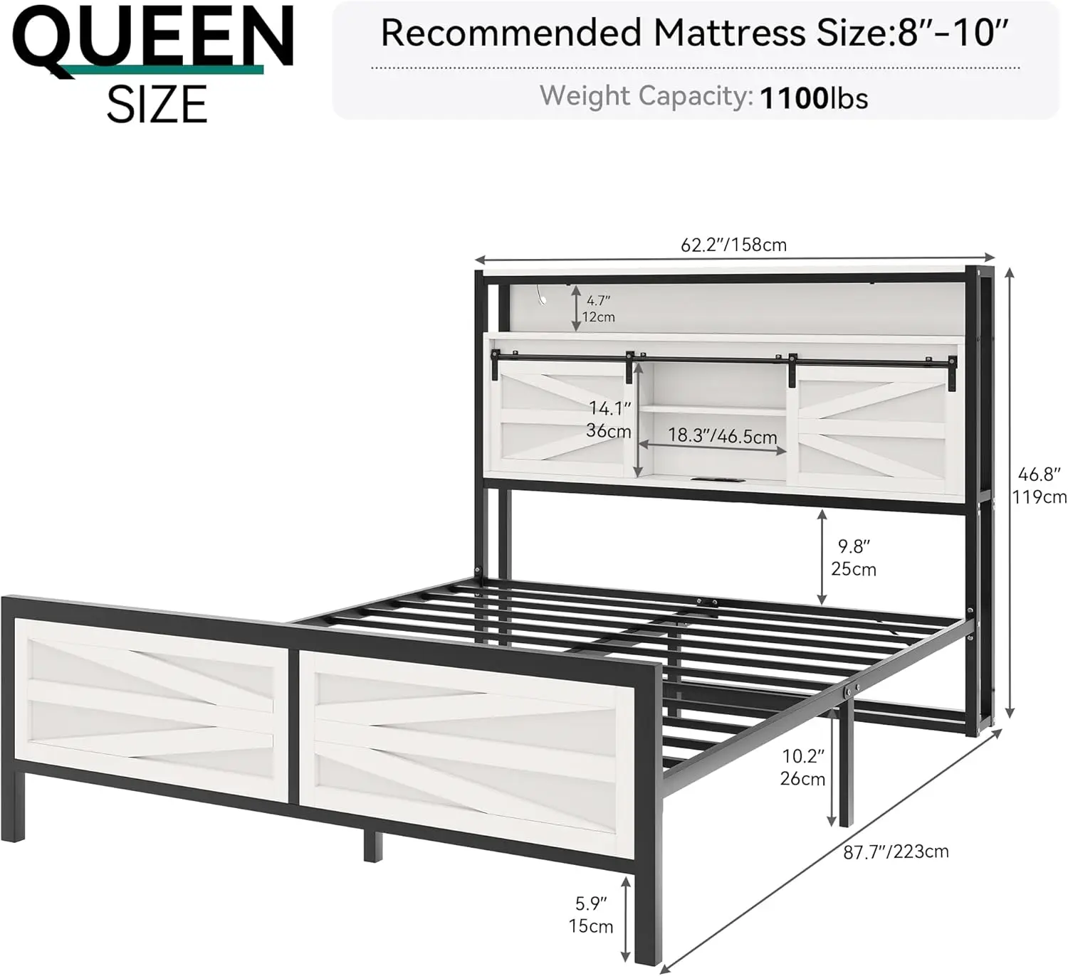 Farmhouse Queen Bed Frame com Armazenamento Estante Cabeceira, Plataforma Cama Frame com Luzes LED e Estação de carregamento, Branco