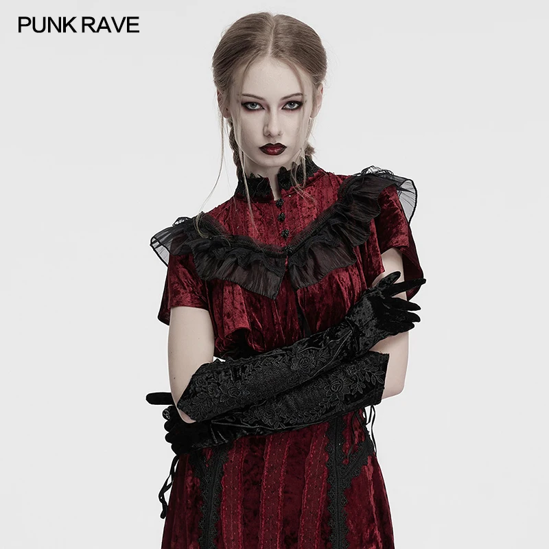 PUNK RAVE Women's Goth Retro Embroidered Velvet Gloves Exquisite Bright Silk Webbings Romantic Mysterious Warmers Accessories