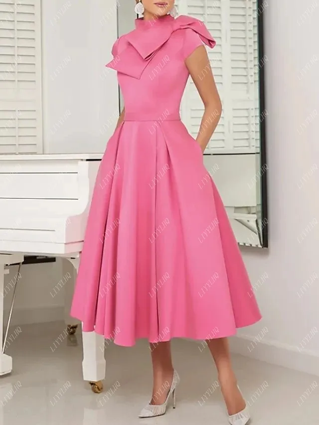 LIYYLHQ Vintage High Neck A-Line Prom Dress With Bow Short Sleeves Women Homecoming Evening Party Gown