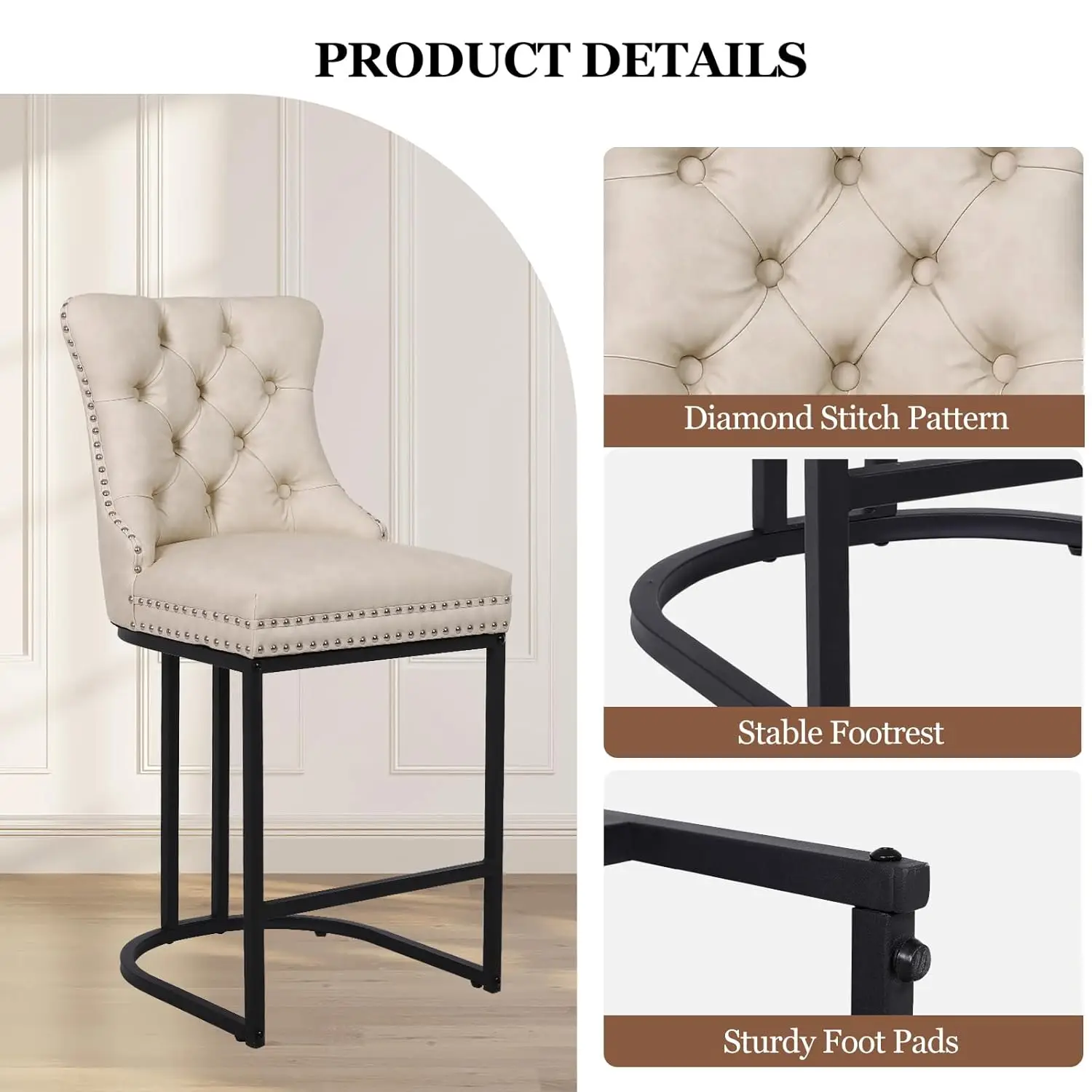 مجموعة مقاعد بار بارتفاع عداد مكونة من 4 قطع، مقاعد بار حديثة مقاس 26 بوصة مع ظهر، كراسي منجدة من الجلد الصناعي بأرجل معدنية