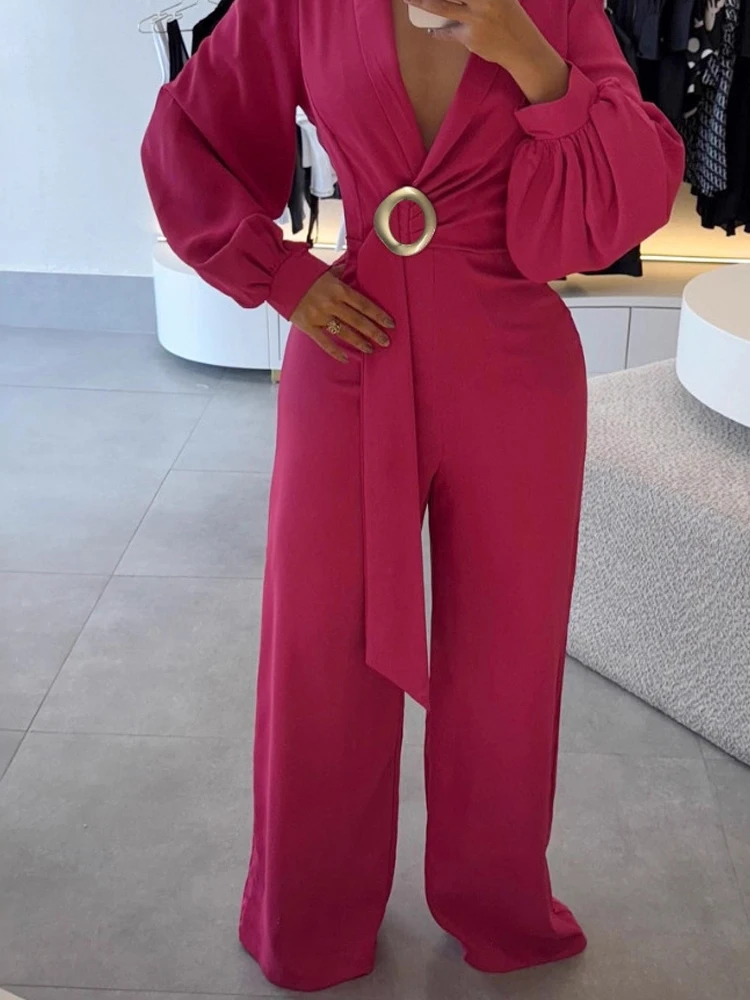 

Модный длинный комбинезон с v-образным вырезом, повседневный комбинезон с длинными рукавами и широкими леггинсами, женский комбинезон, элегантный однотонный комбинезон с завязками на талии и пуговицами