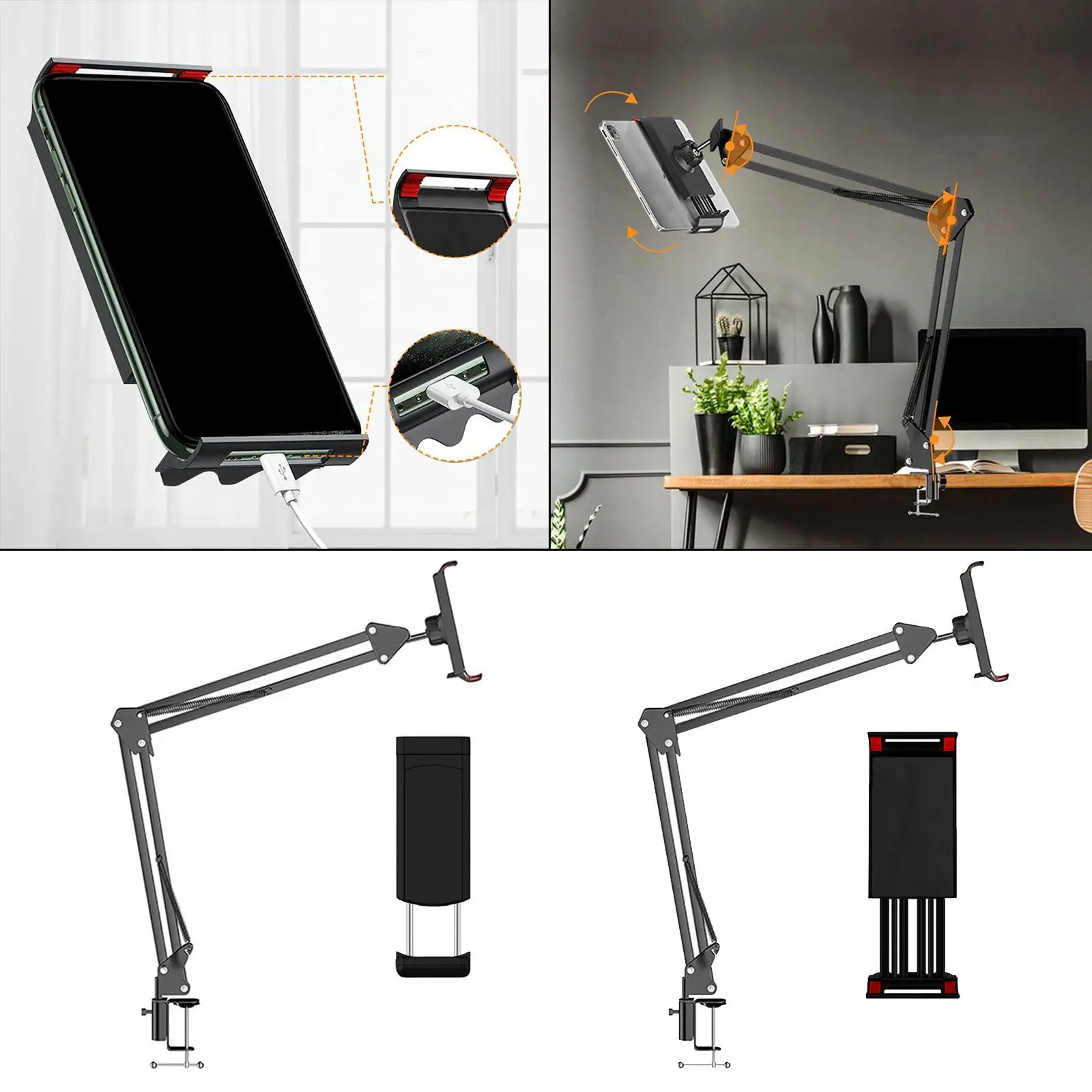 حامل هاتف لوحي بذراع دوار قابل للطي مع حامل مكتبي بمشبك، سهل التركيب والاستخدام #1