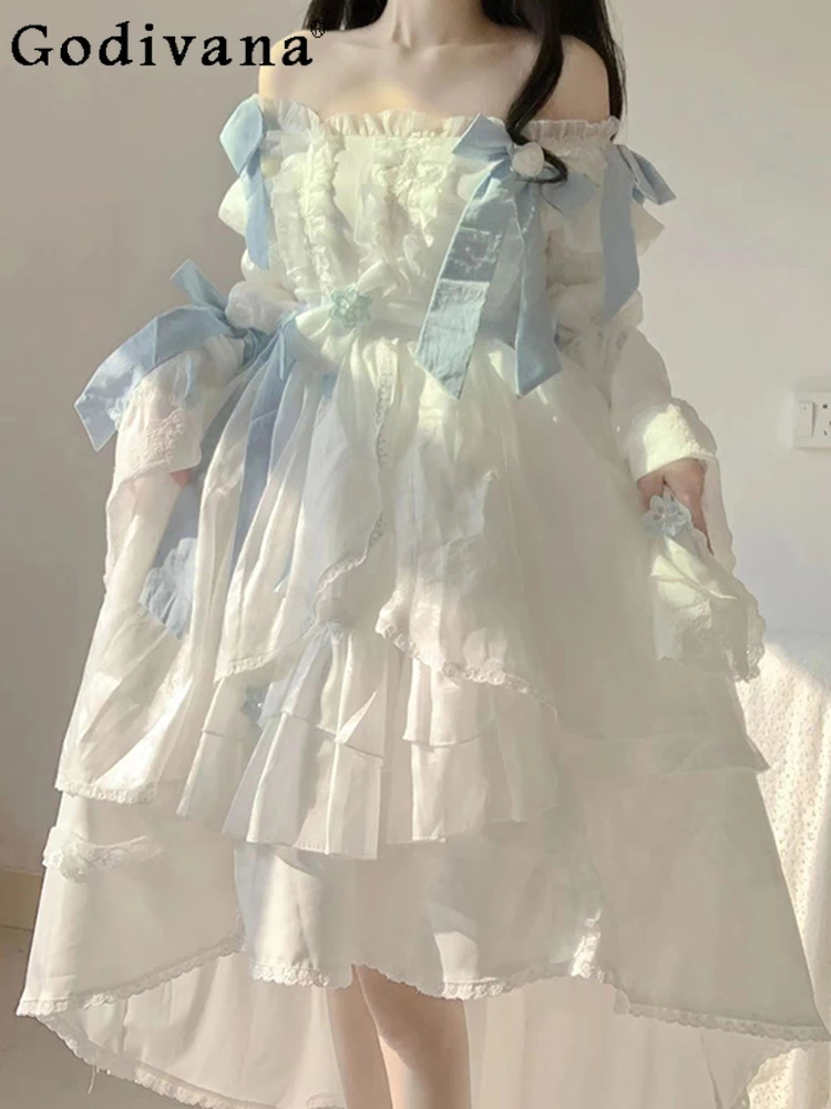 

Elegant Sweet Jacquard Square Collar Lolita Fairy Dress Girl Versatile Age Reduction Fashion Long Sleeve Cake Princess Dresses