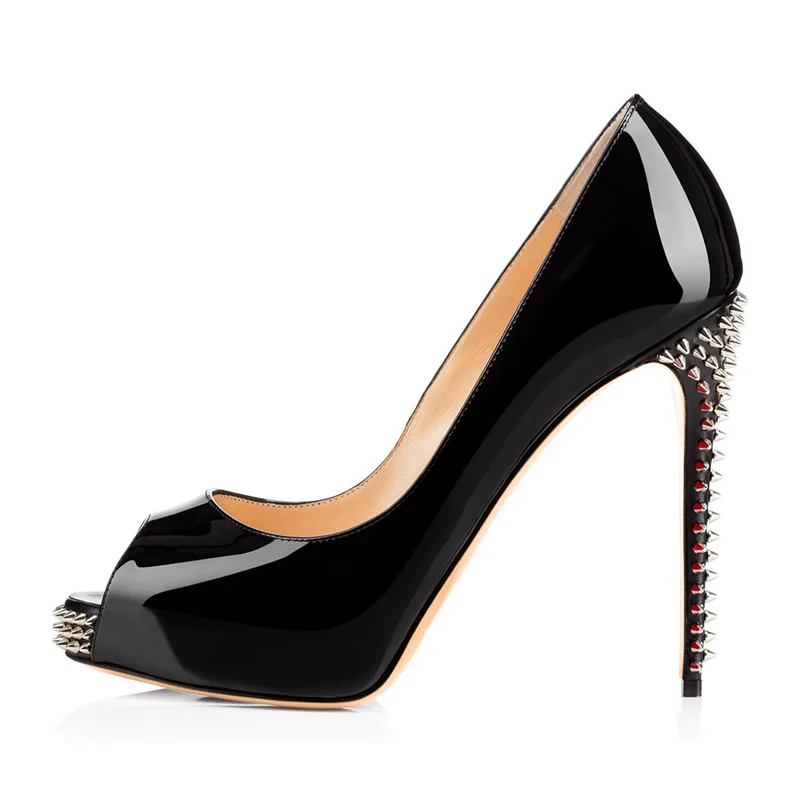 Spring and summer patent leather rivet fish mouth waterproof table single shoes thin high heel banquet large size women's sandal